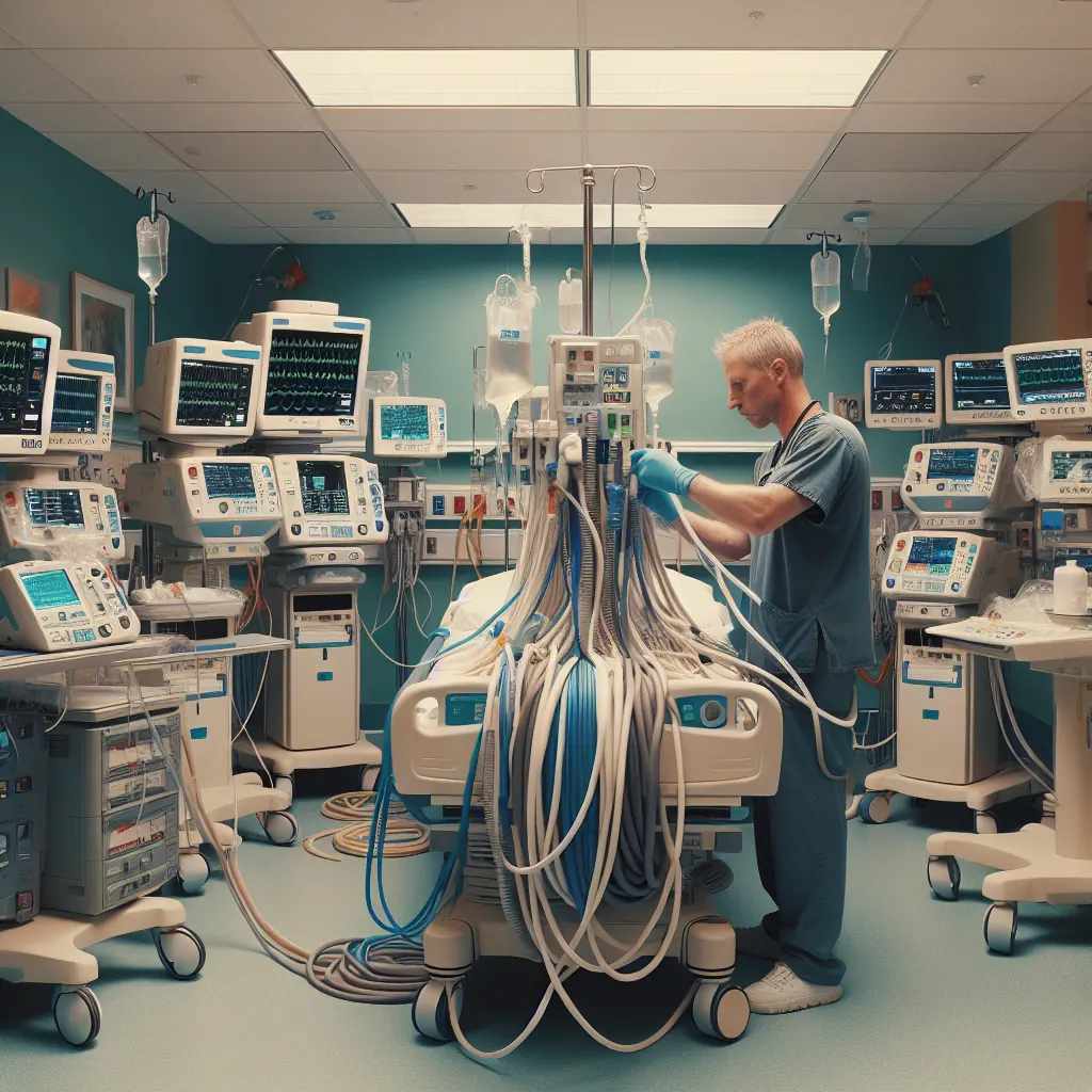 A hospital technician performing a test and tag procedure on medical equipment, including close-up details of cords, plugs, and the attached safety tag.