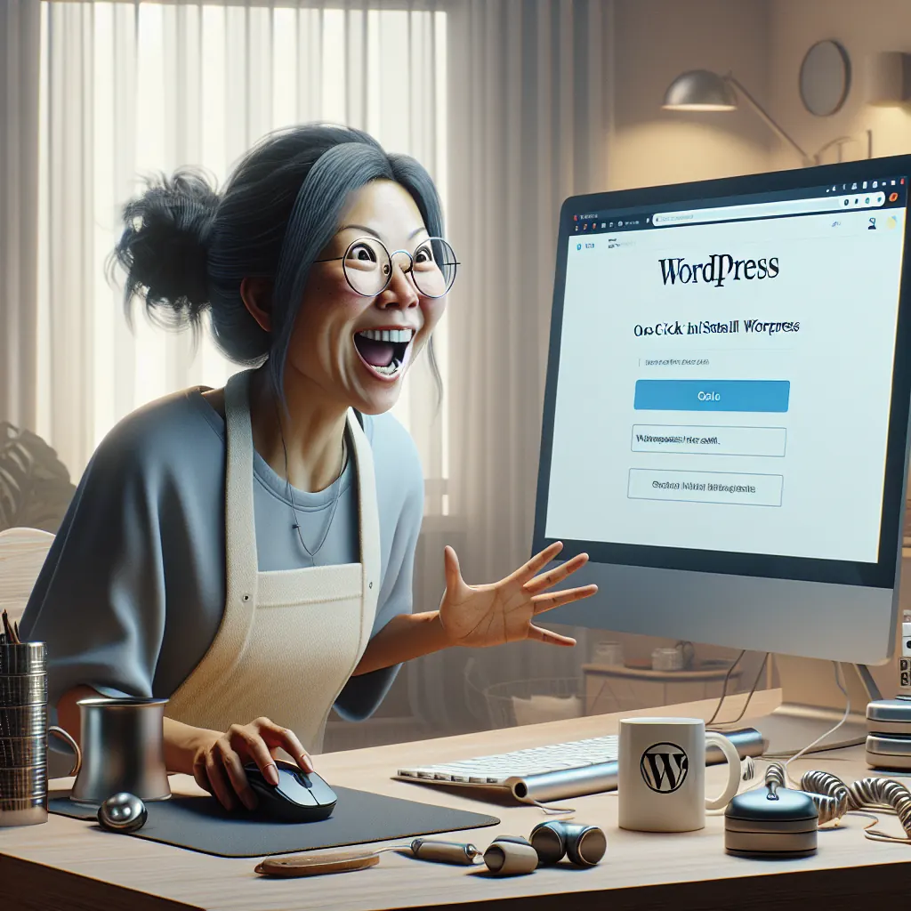 Installing WordPress with a one-click install button and a dashboard screen showing wp-admin access.