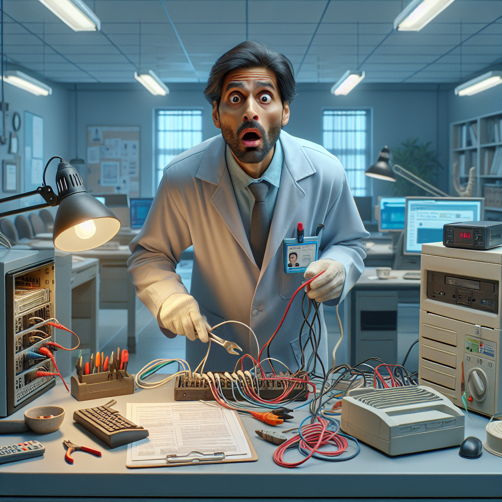 An office technician performing a visual inspection on office electrical equipment, checking for frayed wires and damaged plugs.
