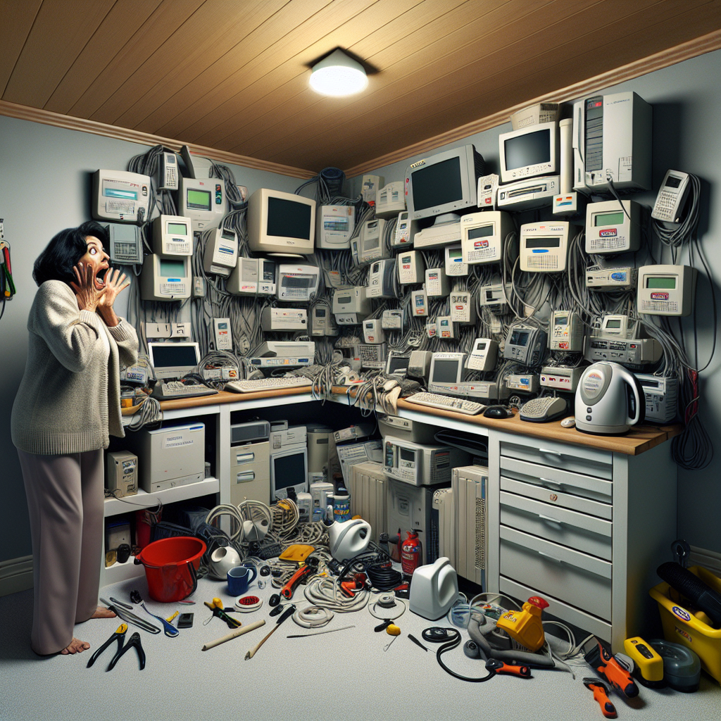 Various office equipment such as computers, monitors, power boards, kettles, and chargers all tagged with safety inspection labels.
